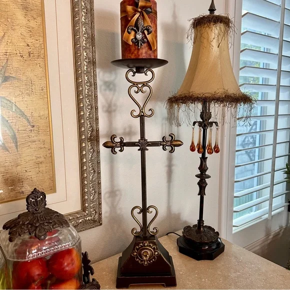Bronze Fleur de Lis Candle Holder with Intricate Scrollwork